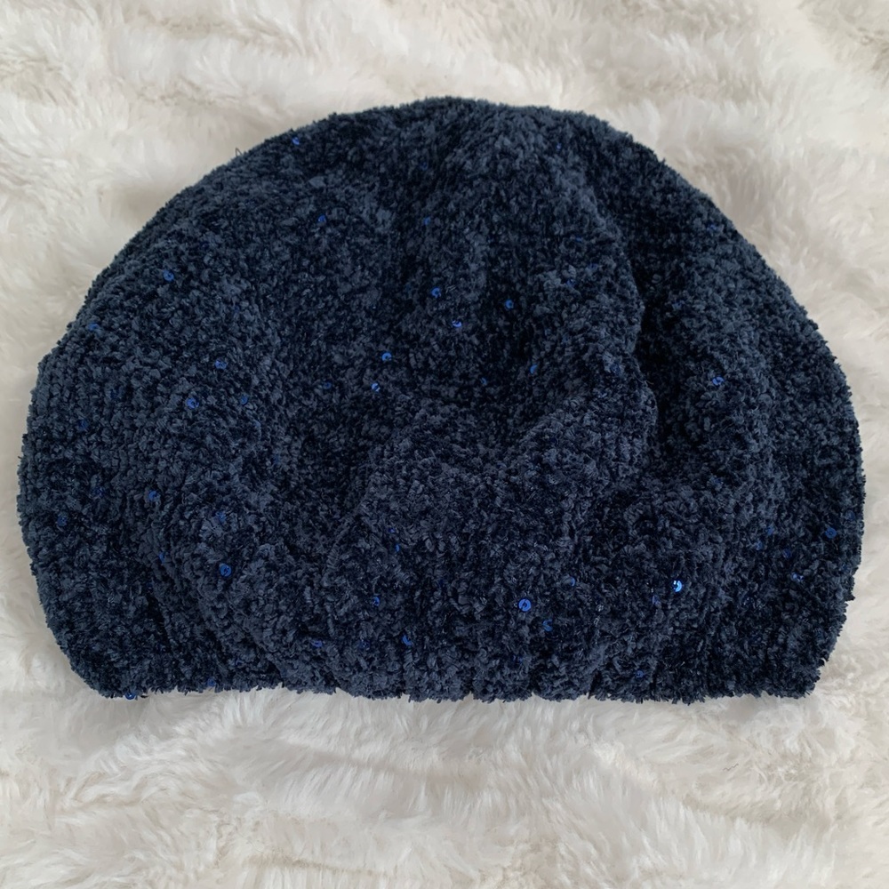 Knit Beanie Cap with Sequin Accents Navy Blue - Picture 3 of 4